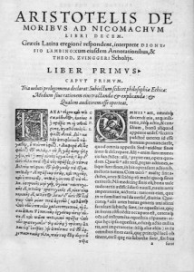 First page of a 1566 edition of the Nicomachean Ethics in Greek and Latin.